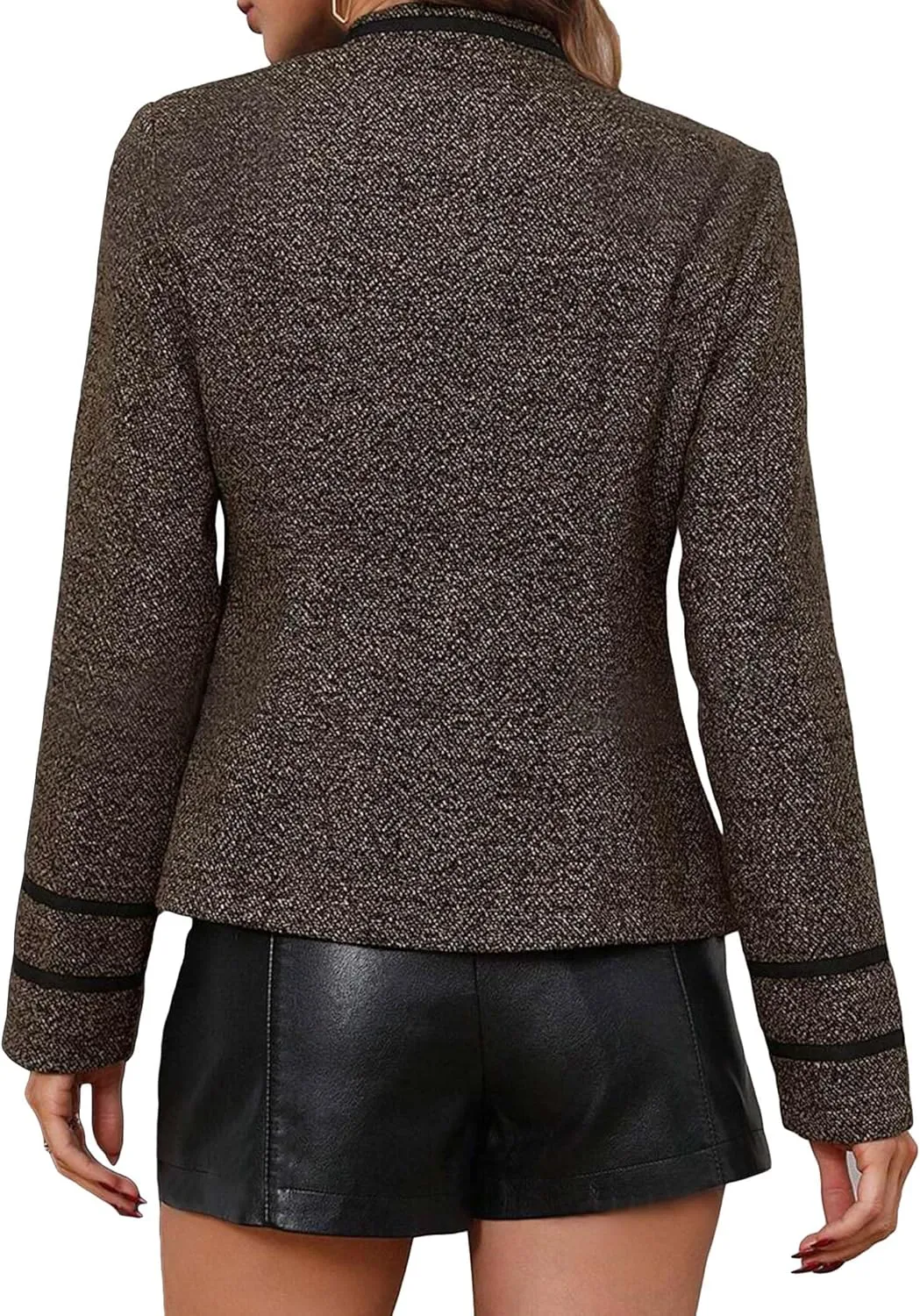 Women's 2025 Fall Winter Tweed Blazer Double Breasted Collarless Warm Elegant Crop Causal Work Office Jacket