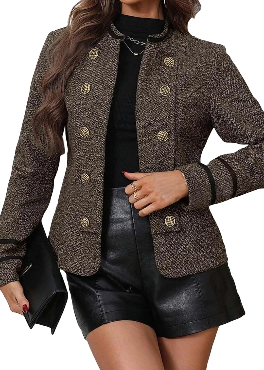 Women's 2025 Fall Winter Tweed Blazer Double Breasted Collarless Warm Elegant Crop Causal Work Office Jacket