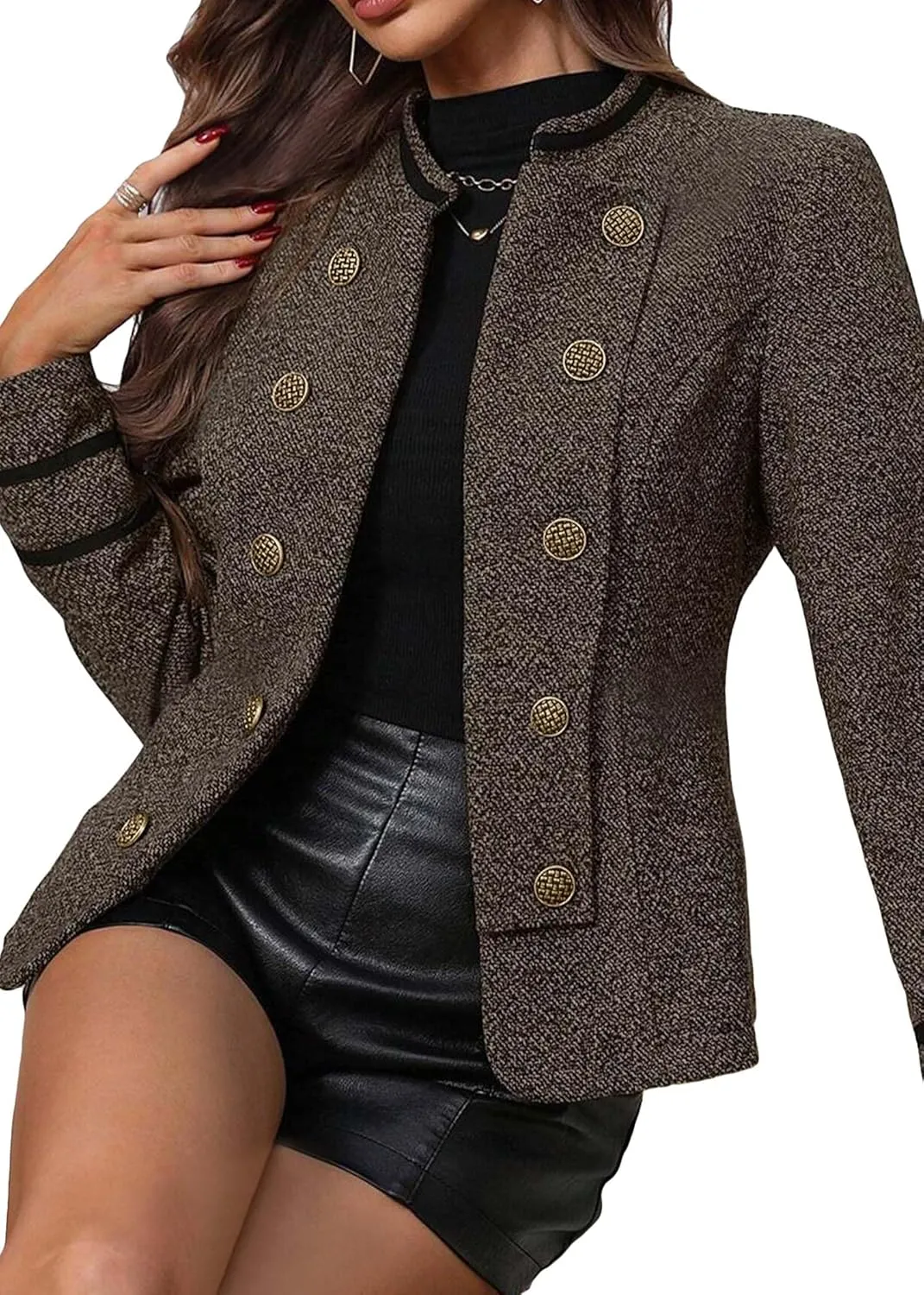 Women's 2025 Fall Winter Tweed Blazer Double Breasted Collarless Warm Elegant Crop Causal Work Office Jacket