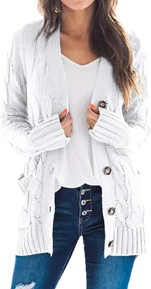 Womens Cardigan Sweaters Dressy Casual Long Sleeve Cable Knit Sweater Open Front Cardigan Button Loose Coat