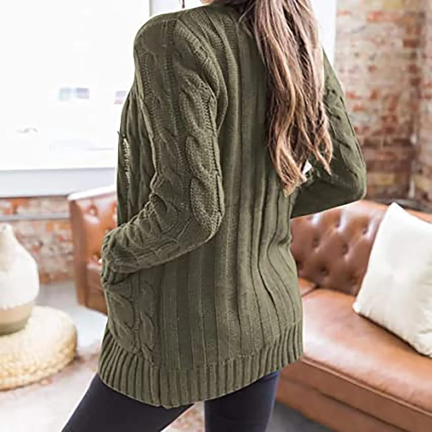 Womens Cardigan Sweaters Dressy Casual Long Sleeve Cable Knit Sweater Open Front Cardigan Button Loose Coat