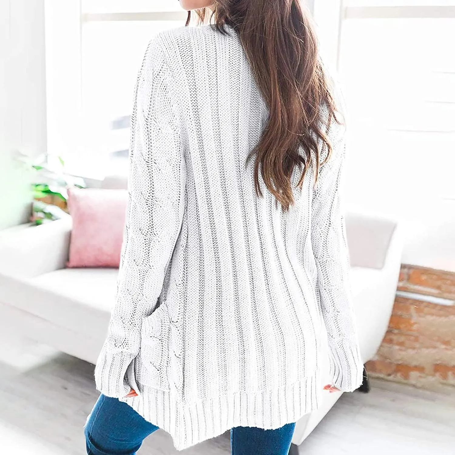 Womens Cardigan Sweaters Dressy Casual Long Sleeve Cable Knit Sweater Open Front Cardigan Button Loose Coat