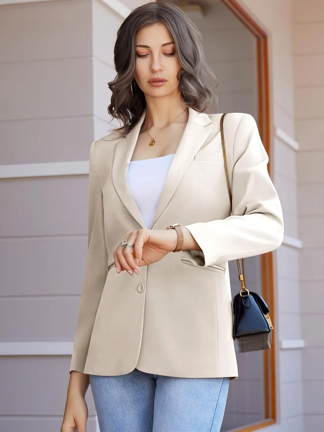 Women's Casual Blazer 2 Buttons Notch Lapel Open Front Long Sleeve Blazers Business Office Work Suit Jackets