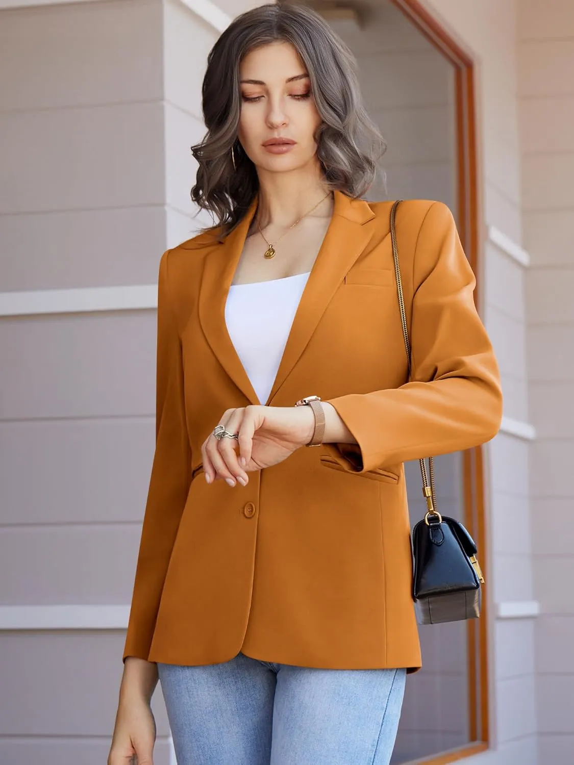 Women's Casual Blazer 2 Buttons Notch Lapel Open Front Long Sleeve Blazers Business Office Work Suit Jackets