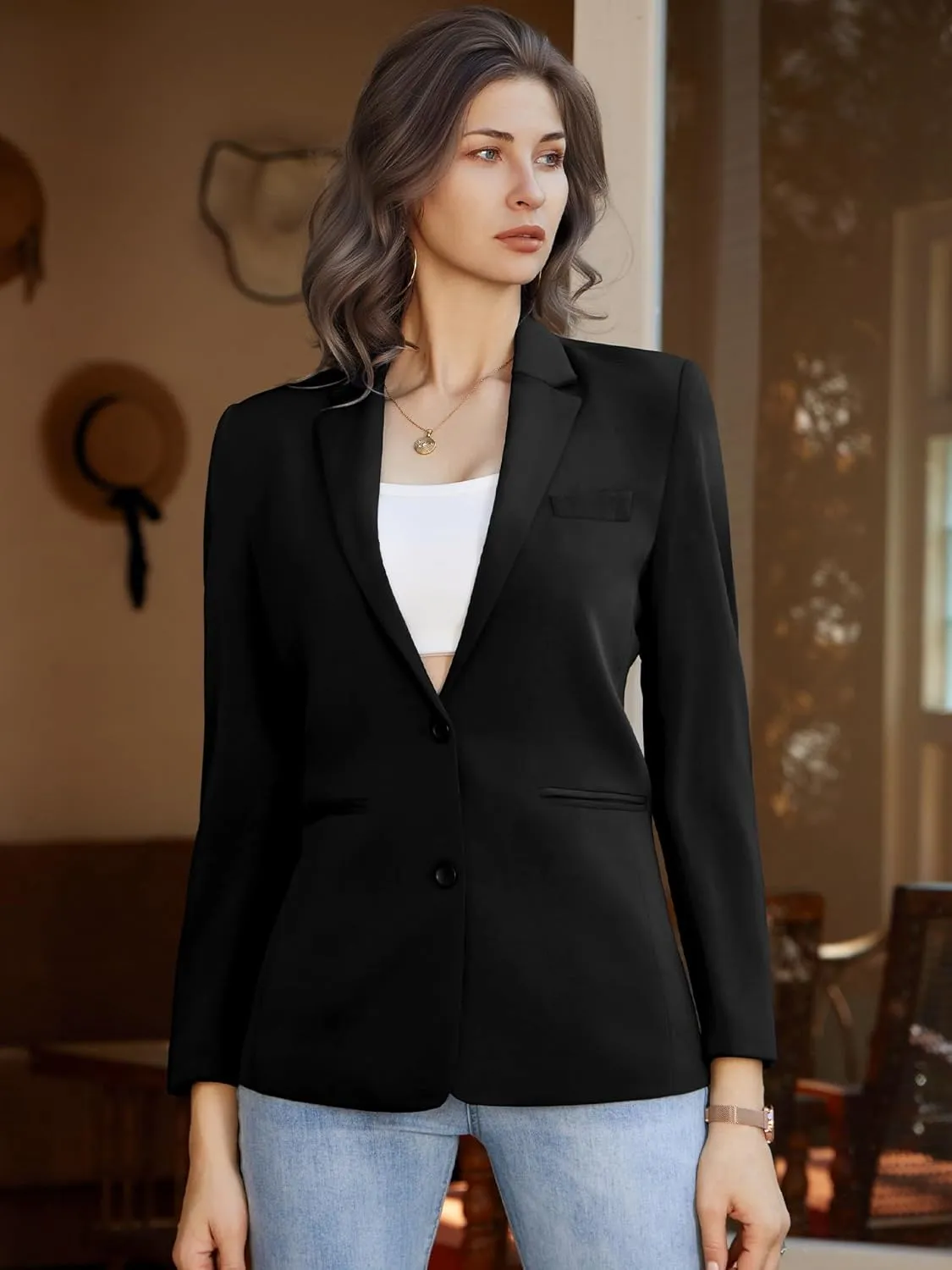 Women's Casual Blazer 2 Buttons Notch Lapel Open Front Long Sleeve Blazers Business Office Work Suit Jackets