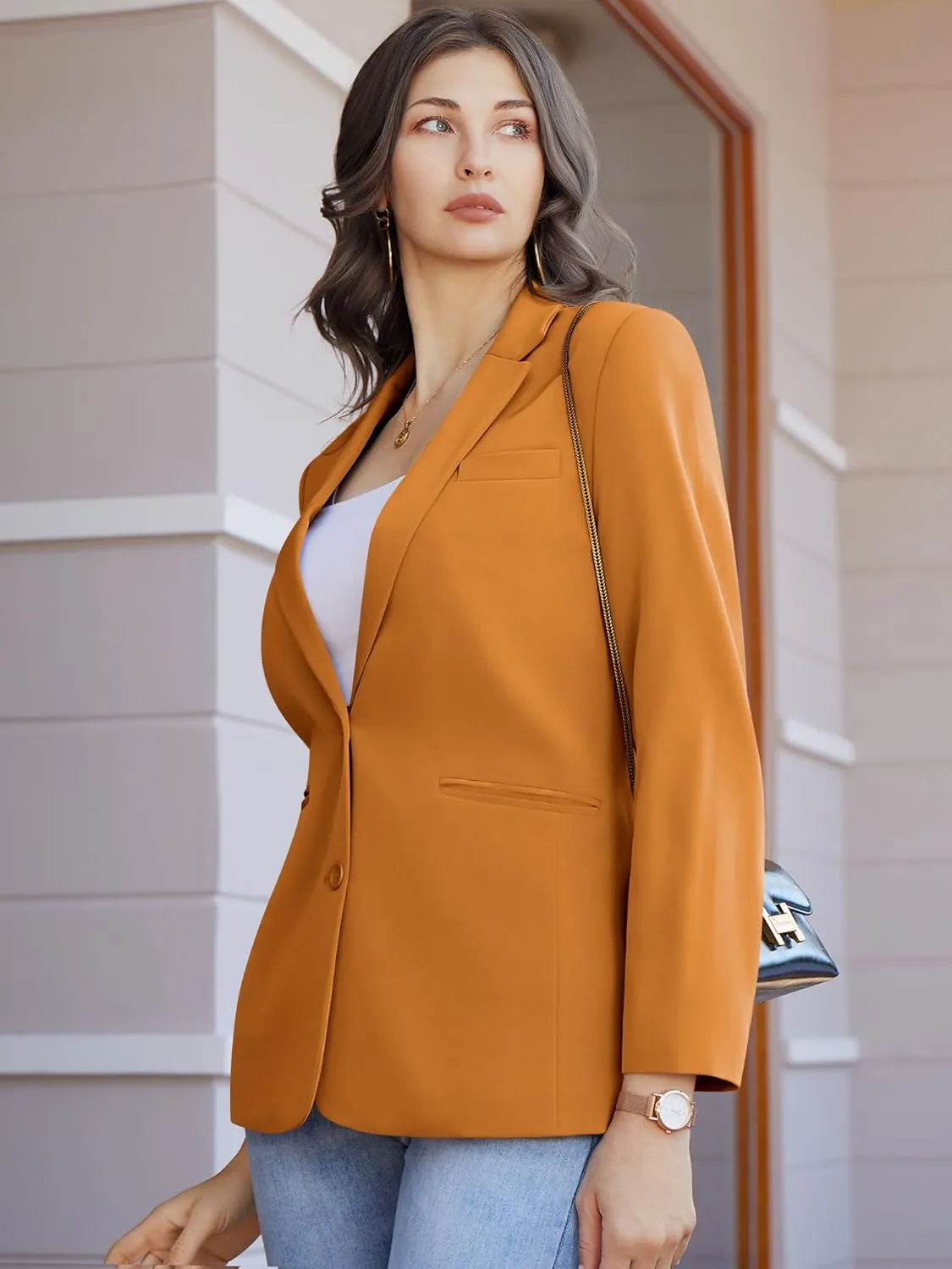 Women's Casual Blazer 2 Buttons Notch Lapel Open Front Long Sleeve Blazers Business Office Work Suit Jackets