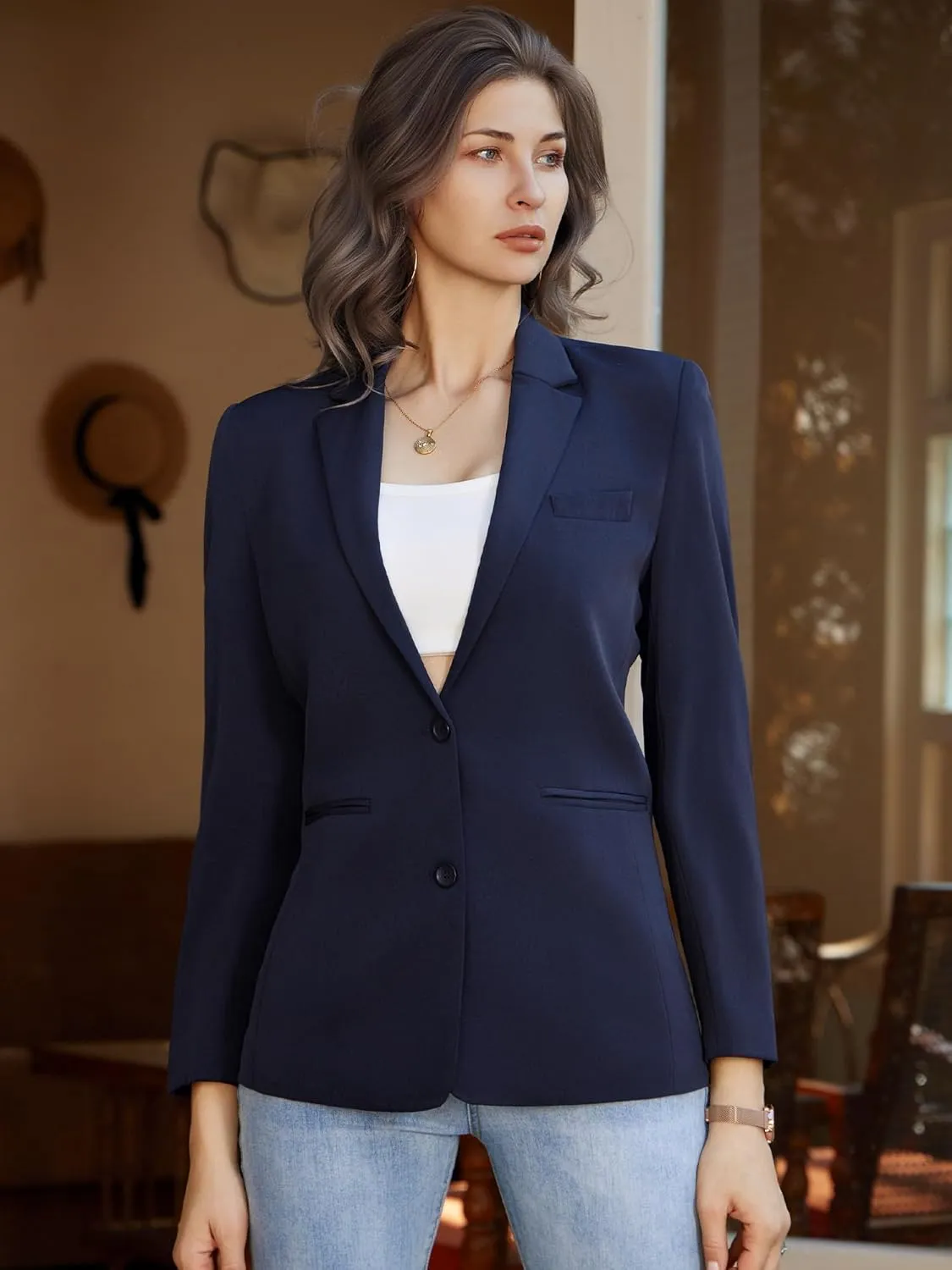 Women's Casual Blazer 2 Buttons Notch Lapel Open Front Long Sleeve Blazers Business Office Work Suit Jackets