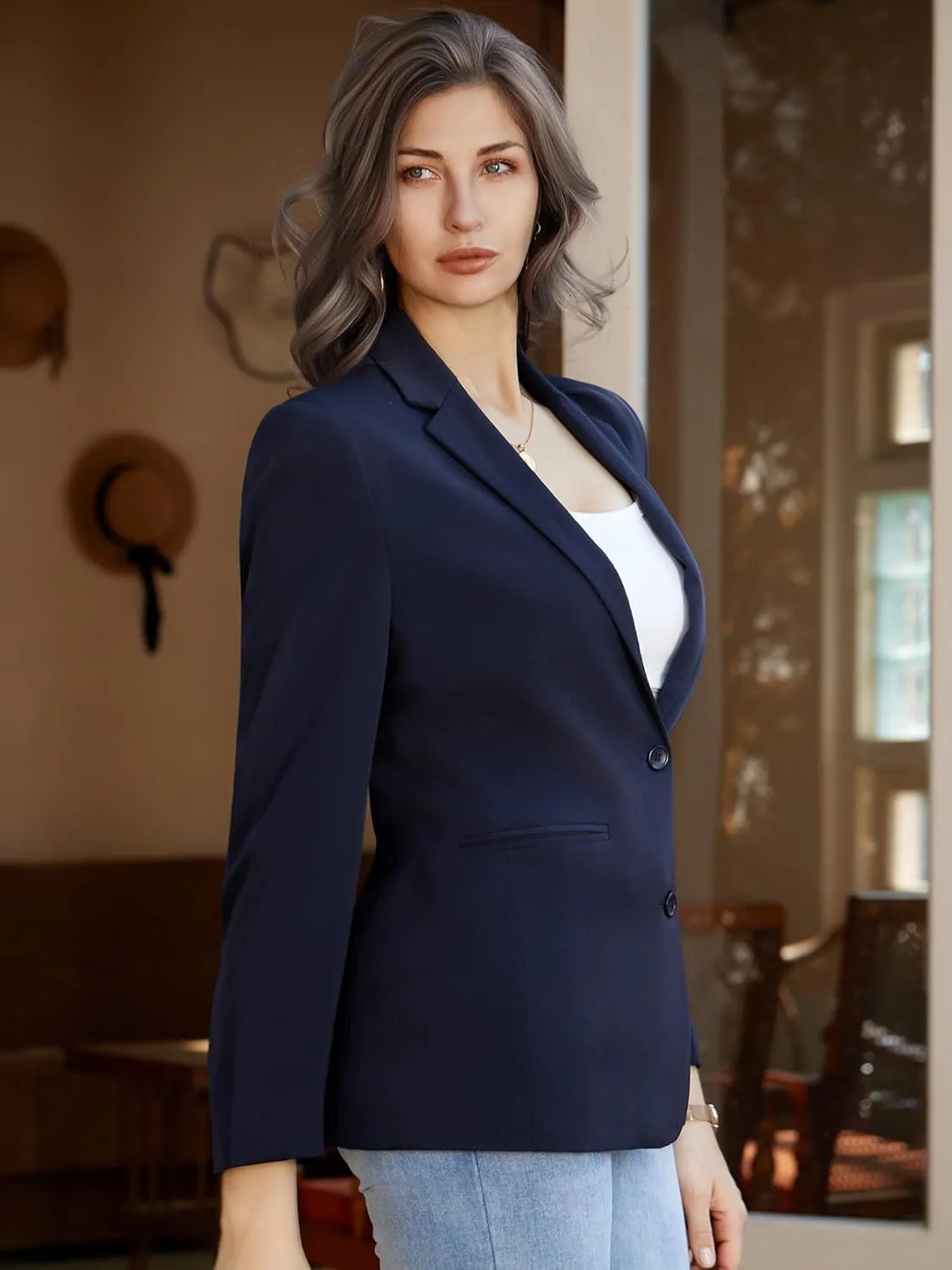 Women's Casual Blazer 2 Buttons Notch Lapel Open Front Long Sleeve Blazers Business Office Work Suit Jackets