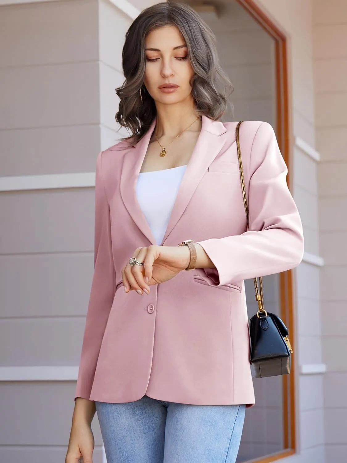 Women's Casual Blazer 2 Buttons Notch Lapel Open Front Long Sleeve Blazers Business Office Work Suit Jackets