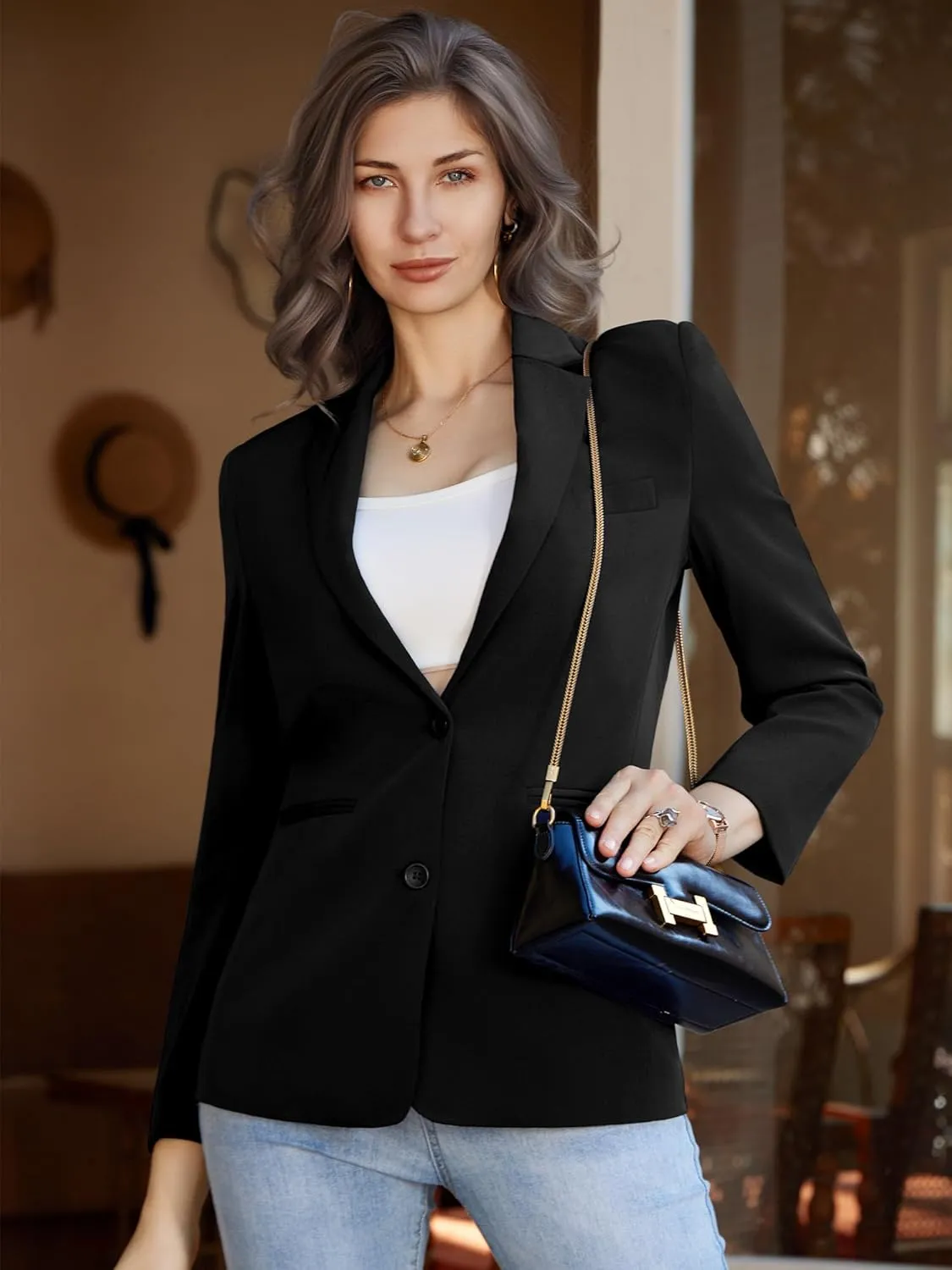 Women's Casual Blazer 2 Buttons Notch Lapel Open Front Long Sleeve Blazers Business Office Work Suit Jackets