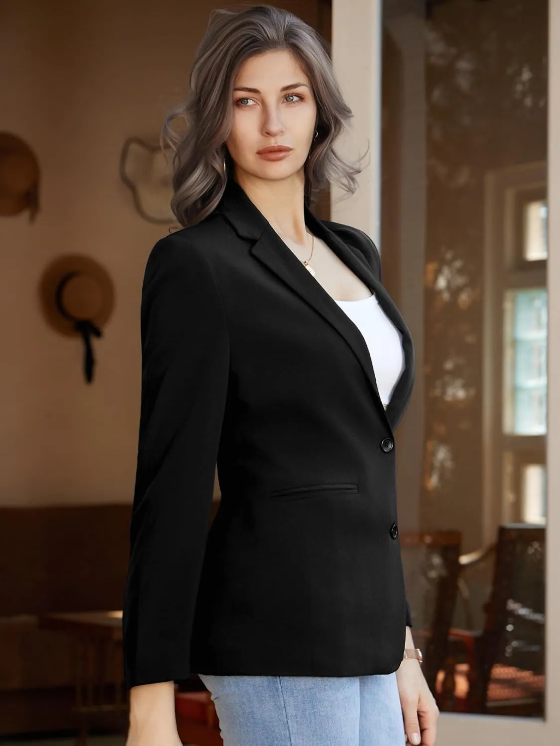 Women's Casual Blazer 2 Buttons Notch Lapel Open Front Long Sleeve Blazers Business Office Work Suit Jackets