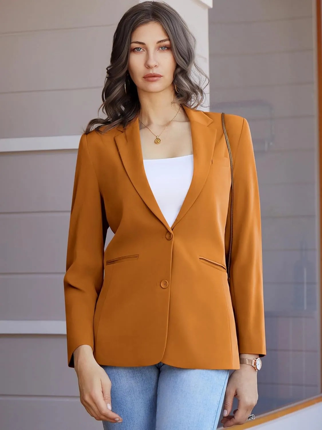 Women's Casual Blazer 2 Buttons Notch Lapel Open Front Long Sleeve Blazers Business Office Work Suit Jackets