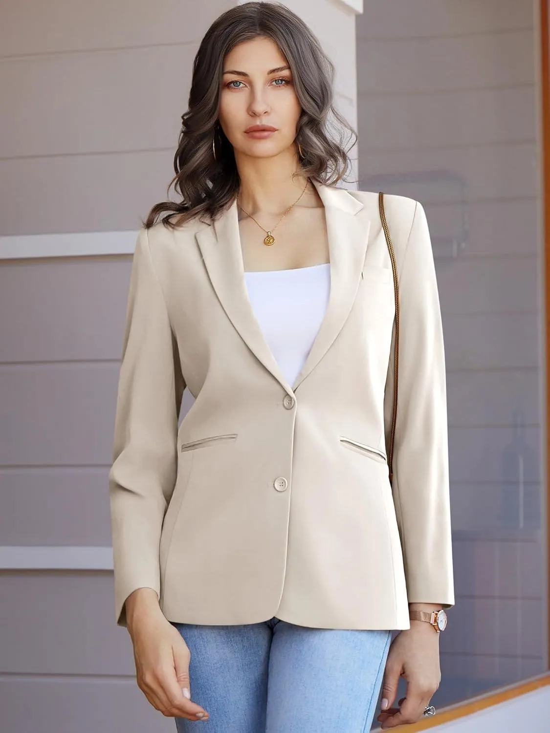 Women's Casual Blazer 2 Buttons Notch Lapel Open Front Long Sleeve Blazers Business Office Work Suit Jackets