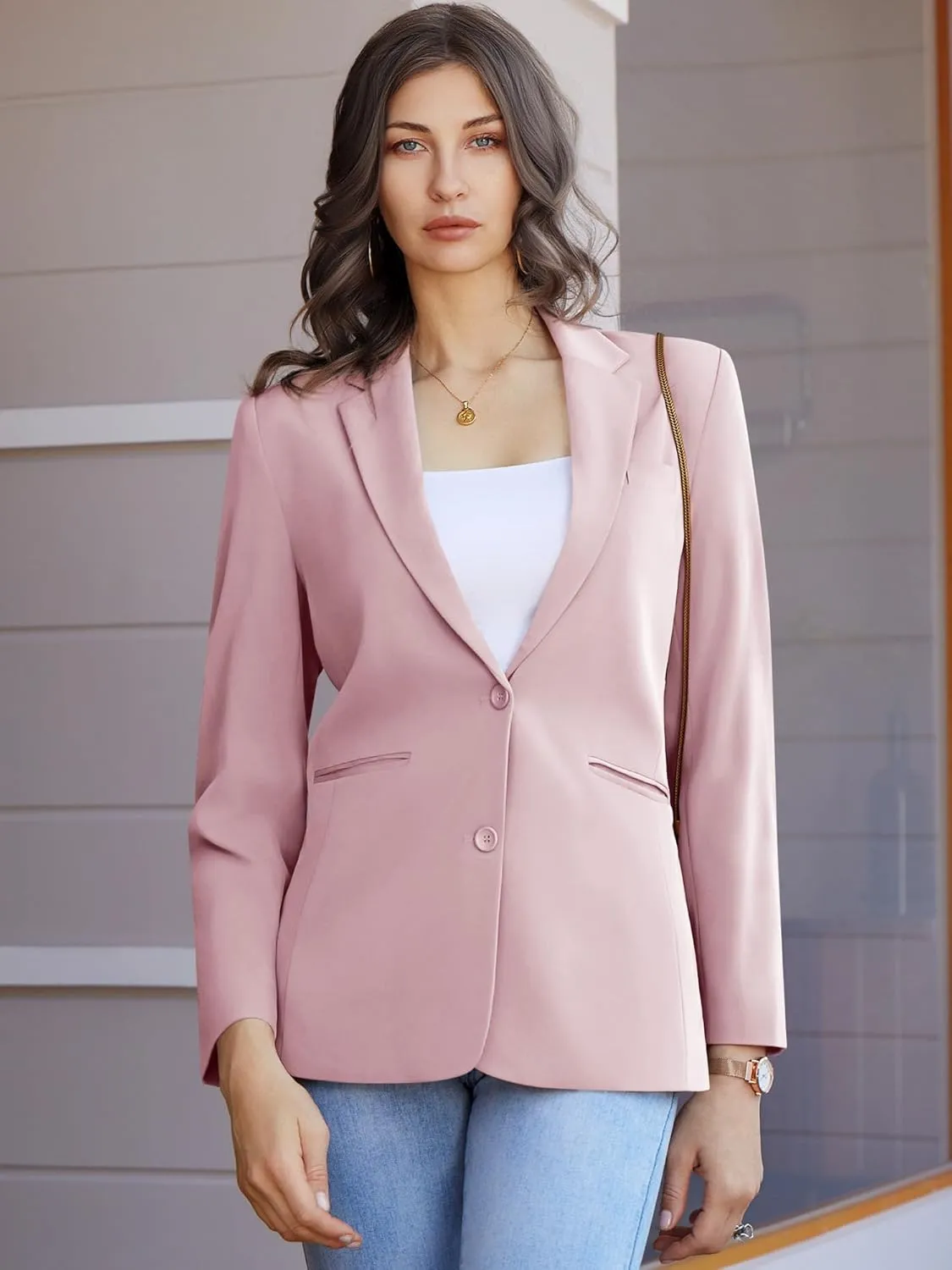 Women's Casual Blazer 2 Buttons Notch Lapel Open Front Long Sleeve Blazers Business Office Work Suit Jackets
