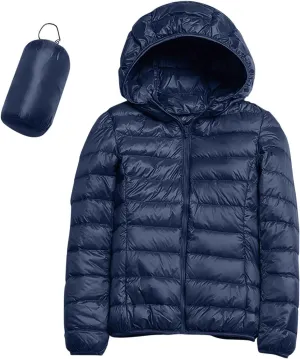 Womens Casual Lightweight Hooded Down Jacket Packable Solid Color Puffer Coats Jacket with Storage Bag