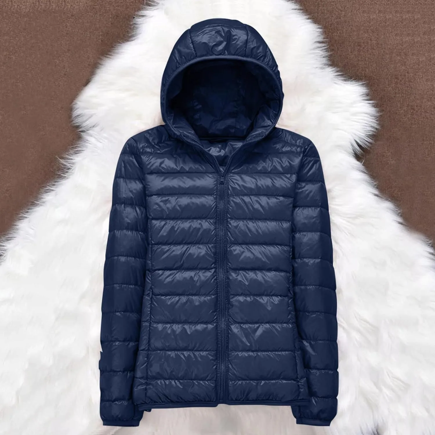 Womens Casual Lightweight Hooded Down Jacket Packable Solid Color Puffer Coats Jacket with Storage Bag