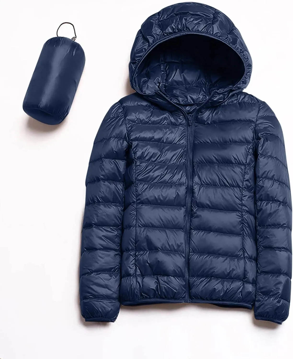 Womens Casual Lightweight Hooded Down Jacket Packable Solid Color Puffer Coats Jacket with Storage Bag