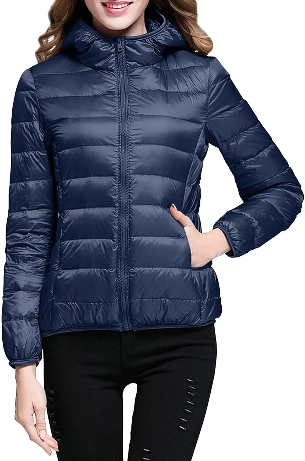 Womens Casual Lightweight Hooded Down Jacket Packable Solid Color Puffer Coats Jacket with Storage Bag