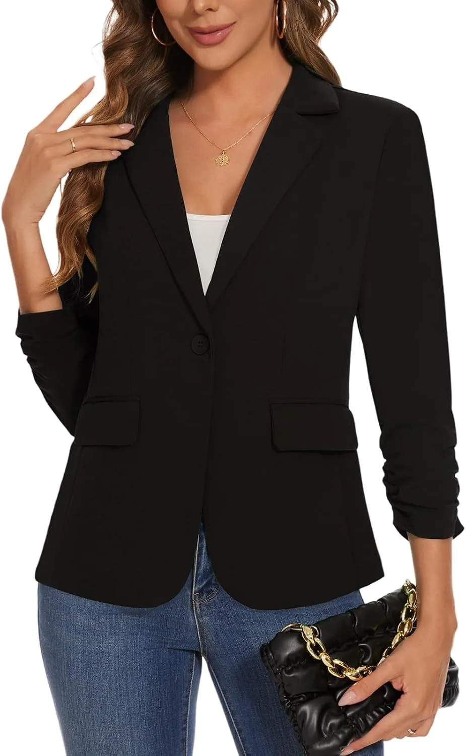 Women's Casual Single Button Front Blazer Ruched 3/4 Sleeve Notched Lapel Office Lightweight Blazers with Pockets