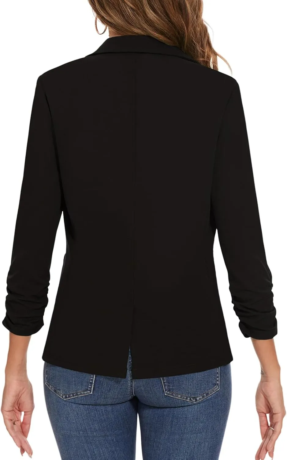 Women's Casual Single Button Front Blazer Ruched 3/4 Sleeve Notched Lapel Office Lightweight Blazers with Pockets