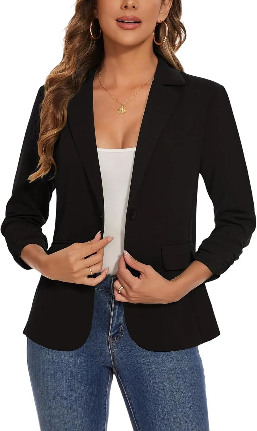 Women's Casual Single Button Front Blazer Ruched 3/4 Sleeve Notched Lapel Office Lightweight Blazers with Pockets