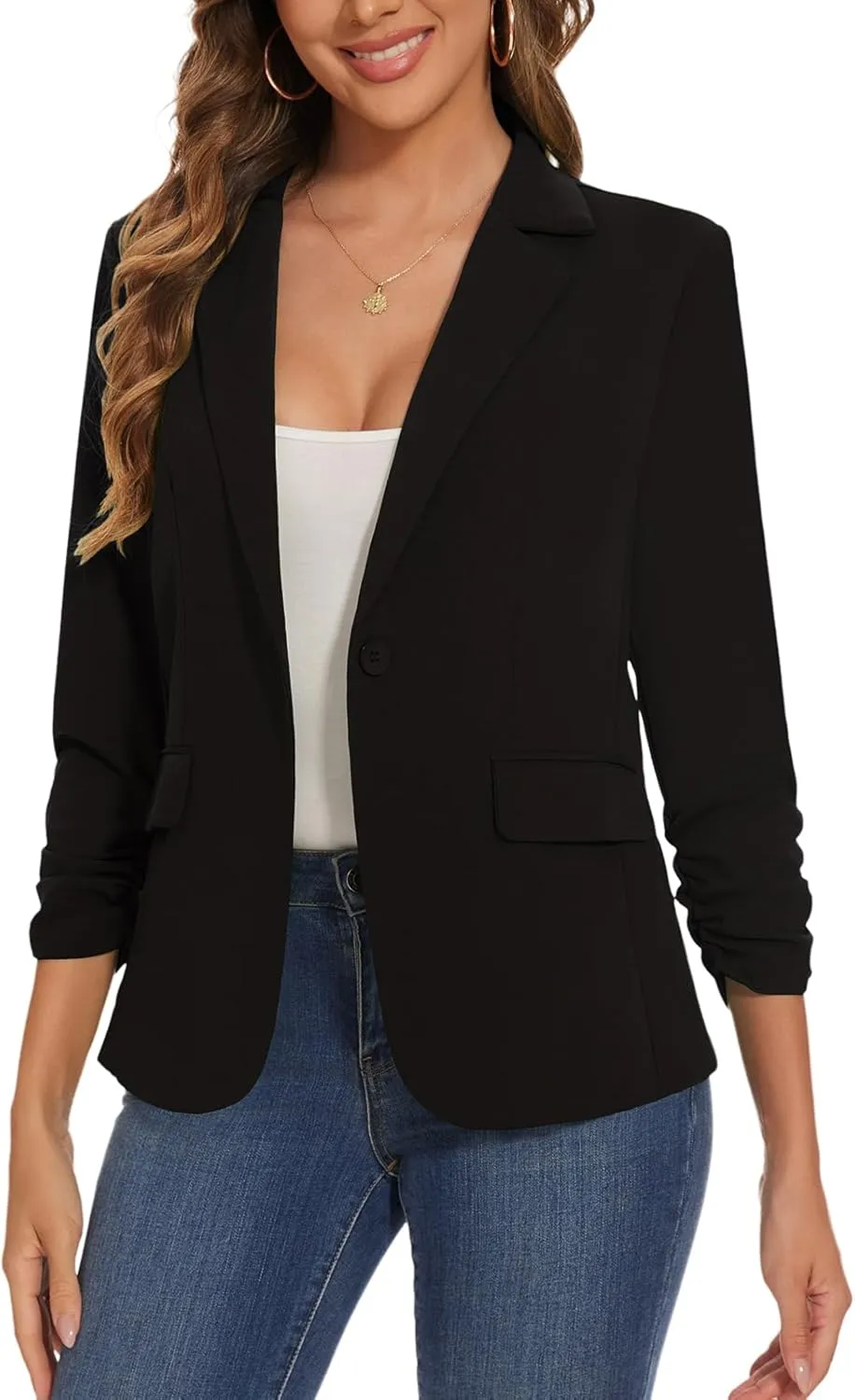 Women's Casual Single Button Front Blazer Ruched 3/4 Sleeve Notched Lapel Office Lightweight Blazers with Pockets