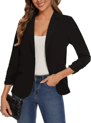 Women's Casual Single Button Front Blazer Ruched 3/4 Sleeve Notched Lapel Office Lightweight Blazers with Pockets