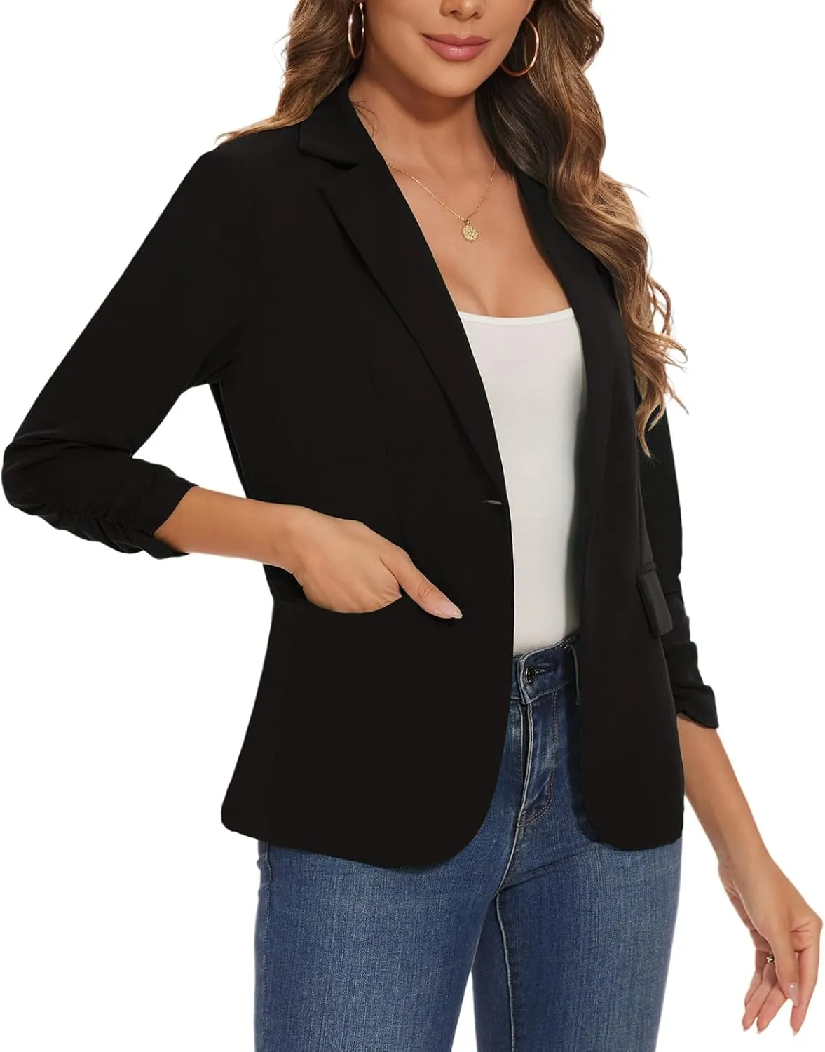 Women's Casual Single Button Front Blazer Ruched 3/4 Sleeve Notched Lapel Office Lightweight Blazers with Pockets