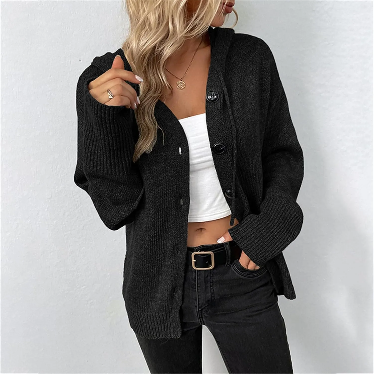 Women's Casual V Neck Button Down Hooded Cardigan Sweaters Long Sleeve Hoodies Outfits