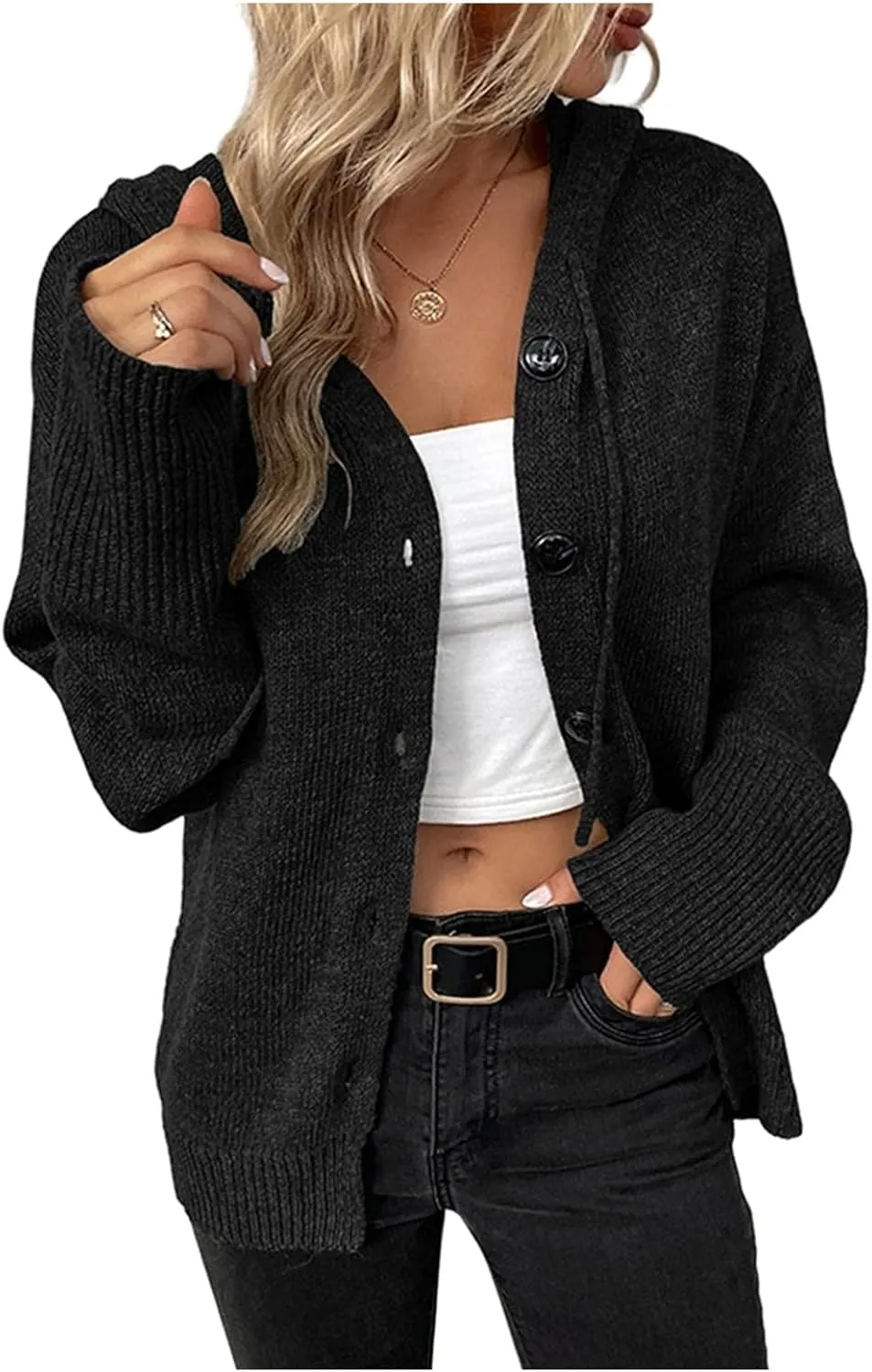 Women's Casual V Neck Button Down Hooded Cardigan Sweaters Long Sleeve Hoodies Outfits
