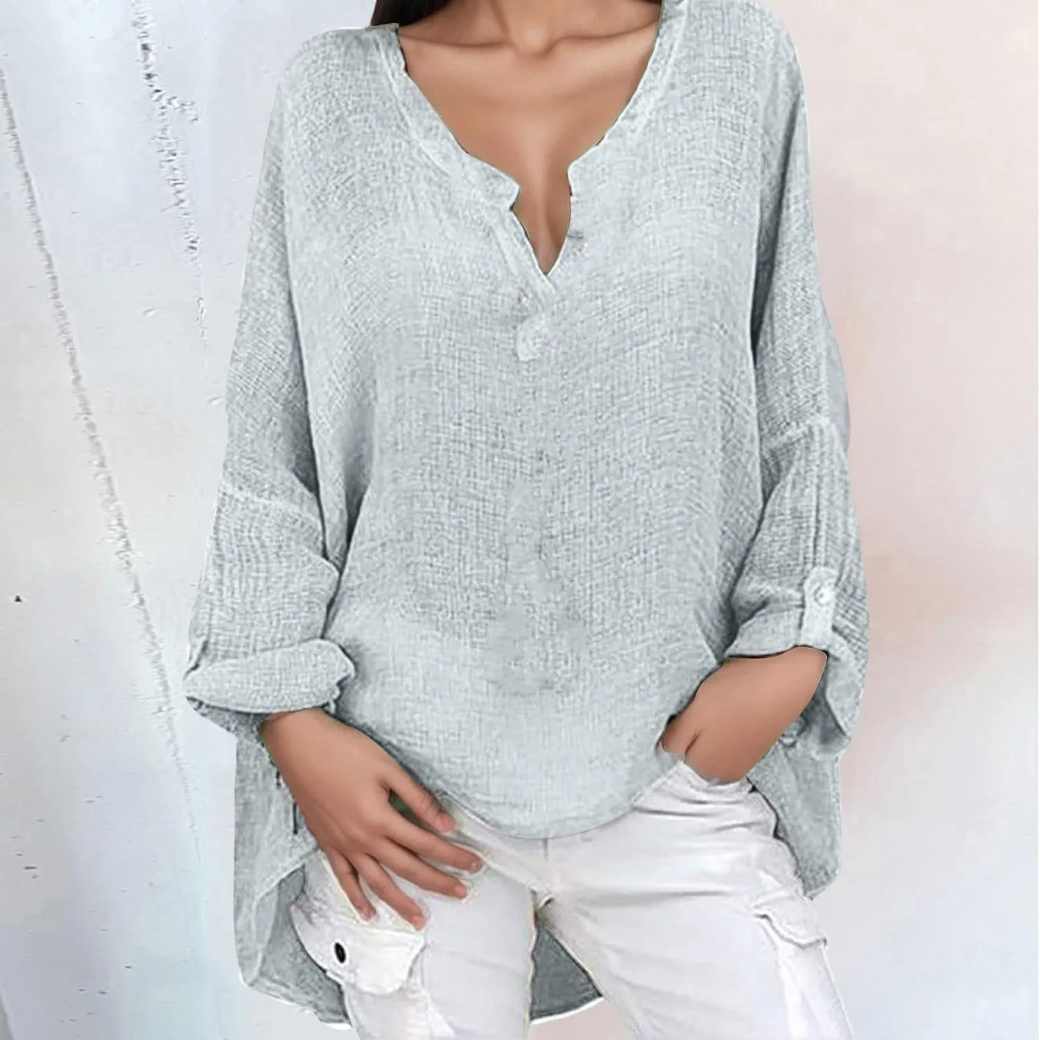 Womens Cotton Linen Shirt Dressy Casual Oversized V Neck Long Sleeve Gauze Shirts Loose Fit Boho Beach Tops