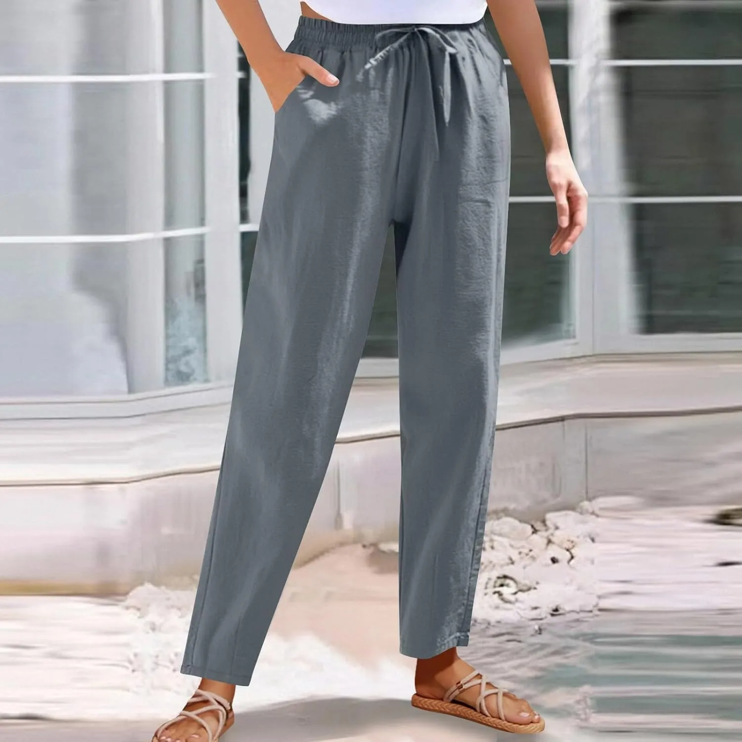 Women's Cotton Linen Straight Leg Pants Elastic Waist Drawstring Casual Trousers Pockets Summer Beach Lounge Pant