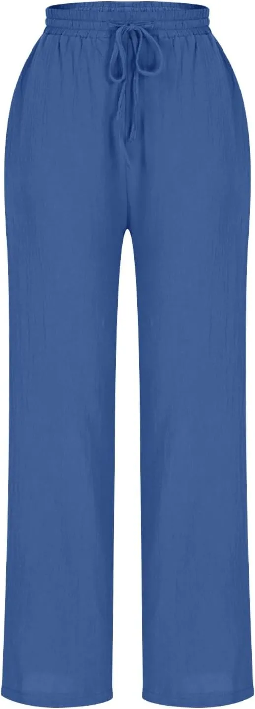 Women's Cotton Linen Straight Leg Pants Elastic Waist Drawstring Casual Trousers Pockets Summer Beach Lounge Pant