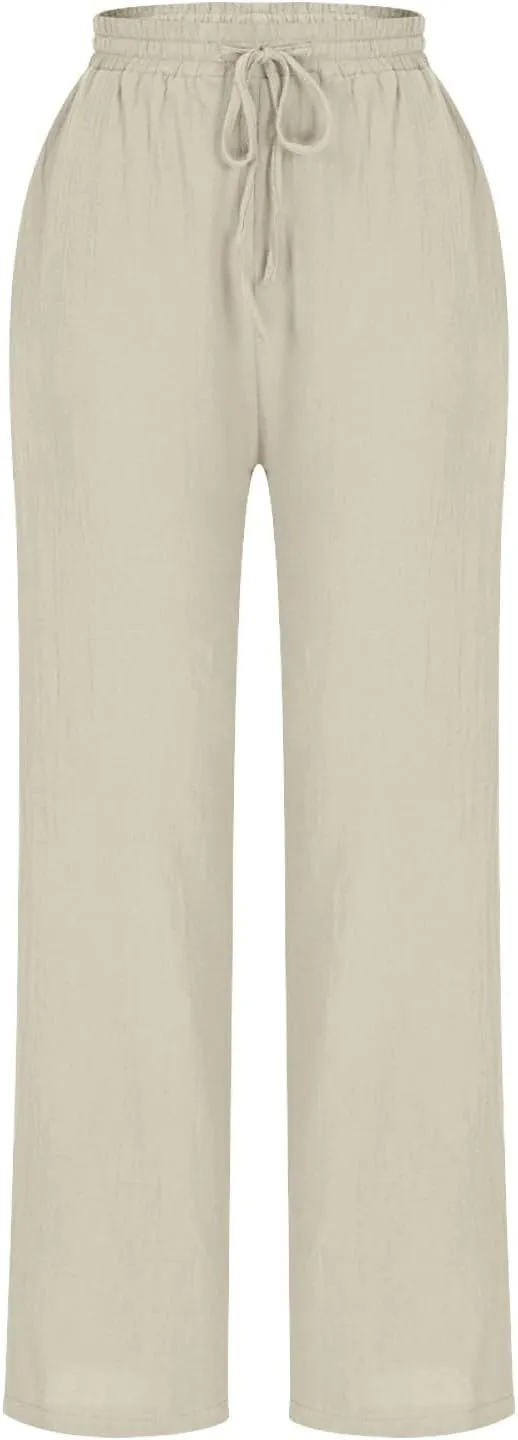 Women's Cotton Linen Straight Leg Pants Elastic Waist Drawstring Casual Trousers Pockets Summer Beach Lounge Pant