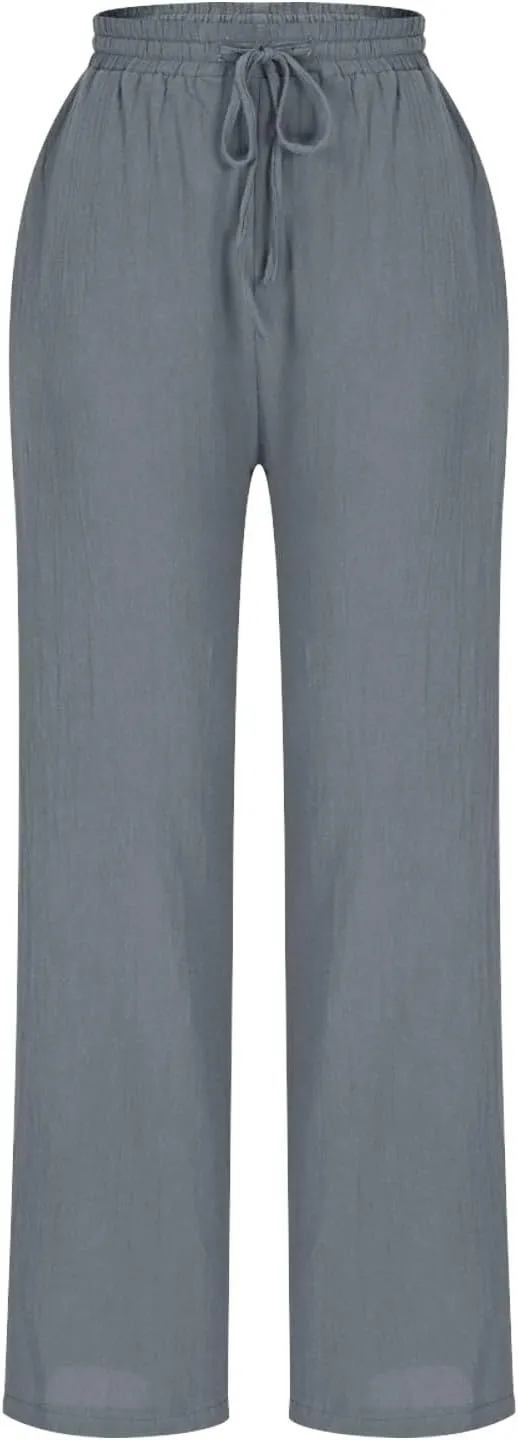 Women's Cotton Linen Straight Leg Pants Elastic Waist Drawstring Casual Trousers Pockets Summer Beach Lounge Pant