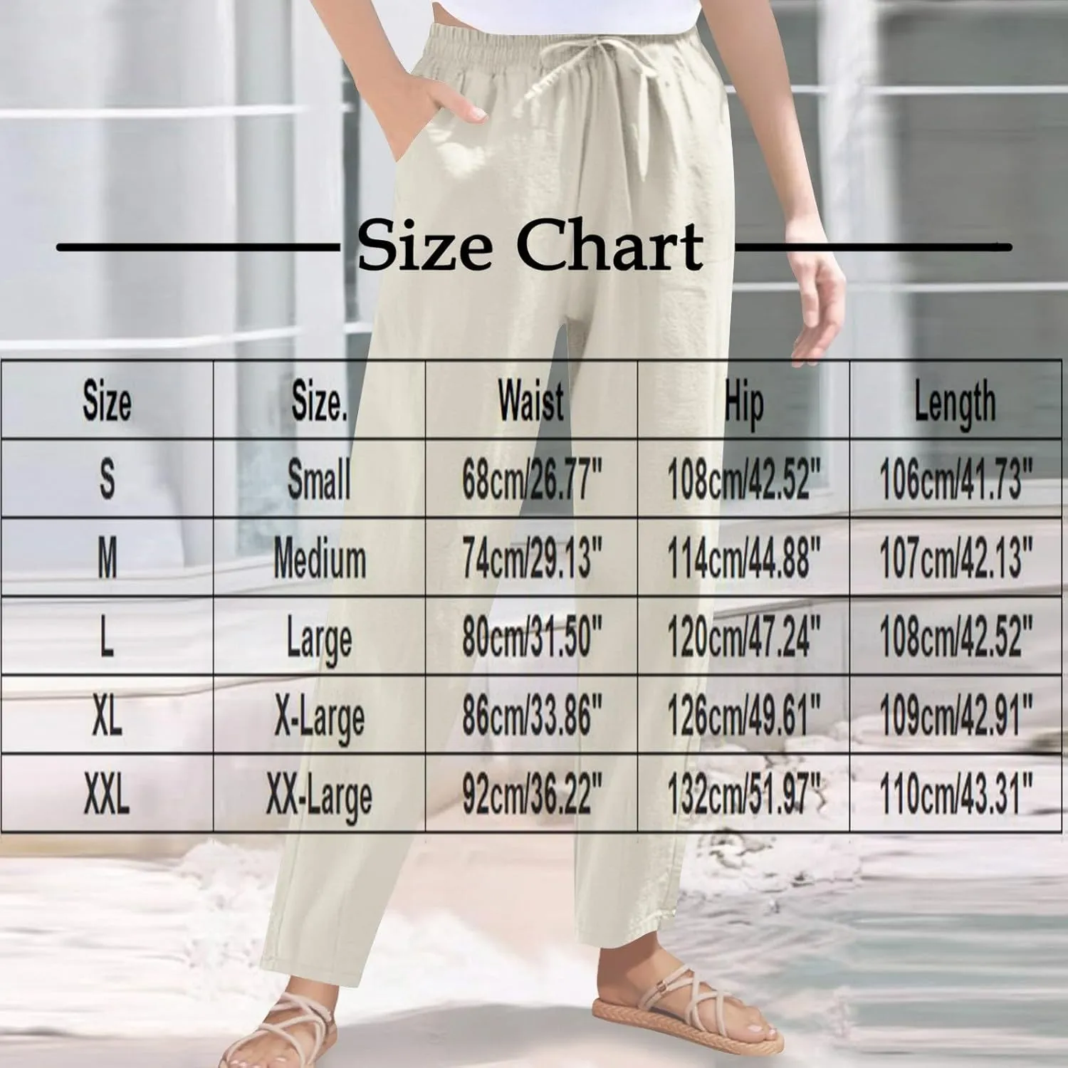 Women's Cotton Linen Straight Leg Pants Elastic Waist Drawstring Casual Trousers Pockets Summer Beach Lounge Pant