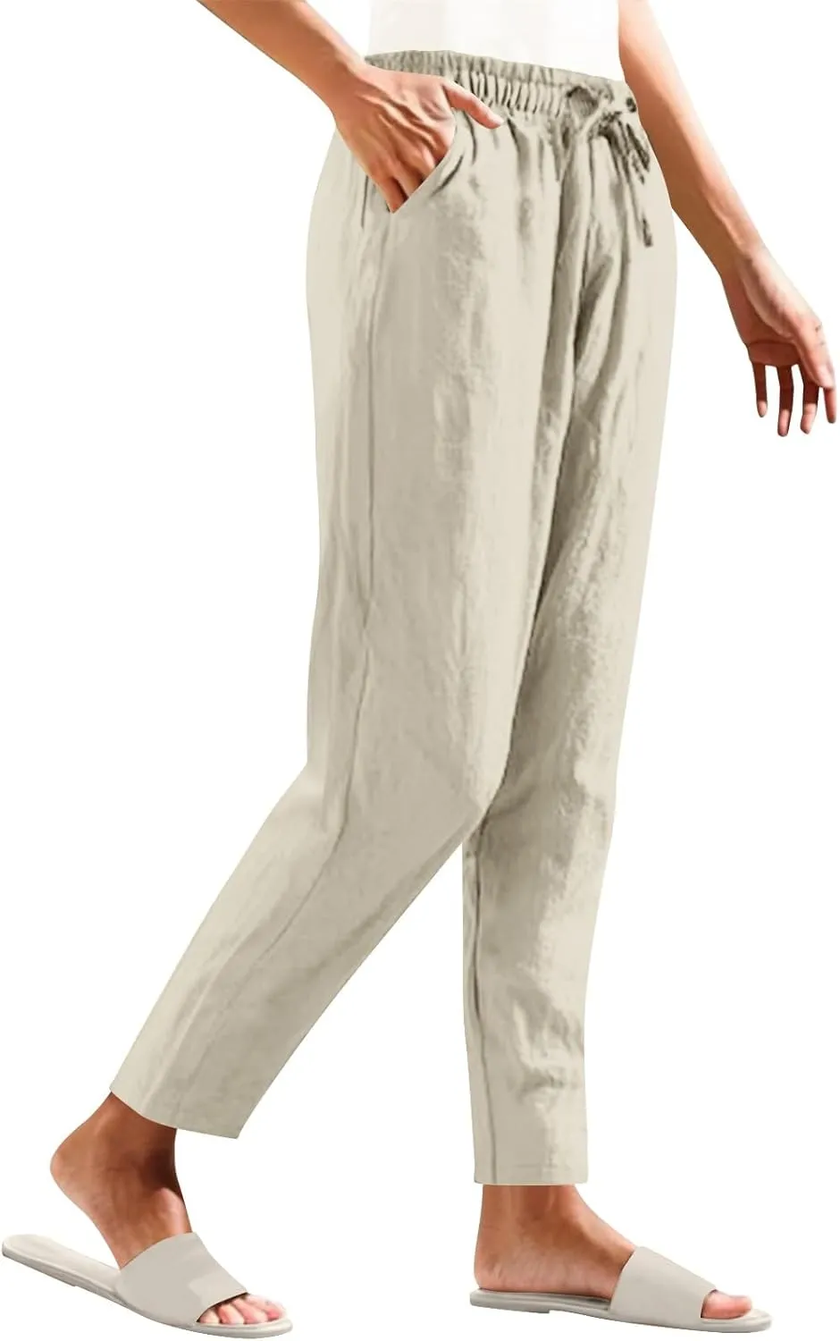 Women's Cotton Linen Straight Leg Pants Elastic Waist Drawstring Casual Trousers Pockets Summer Beach Lounge Pant
