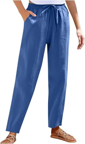 Women's Cotton Linen Straight Leg Pants Elastic Waist Drawstring Casual Trousers Pockets Summer Beach Lounge Pant