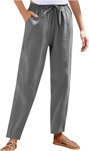 Women's Cotton Linen Straight Leg Pants Elastic Waist Drawstring Casual Trousers Pockets Summer Beach Lounge Pant