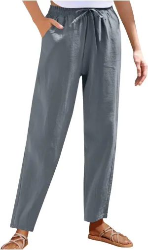 Women's Cotton Linen Straight Leg Pants Elastic Waist Drawstring Casual Trousers Pockets Summer Beach Lounge Pant