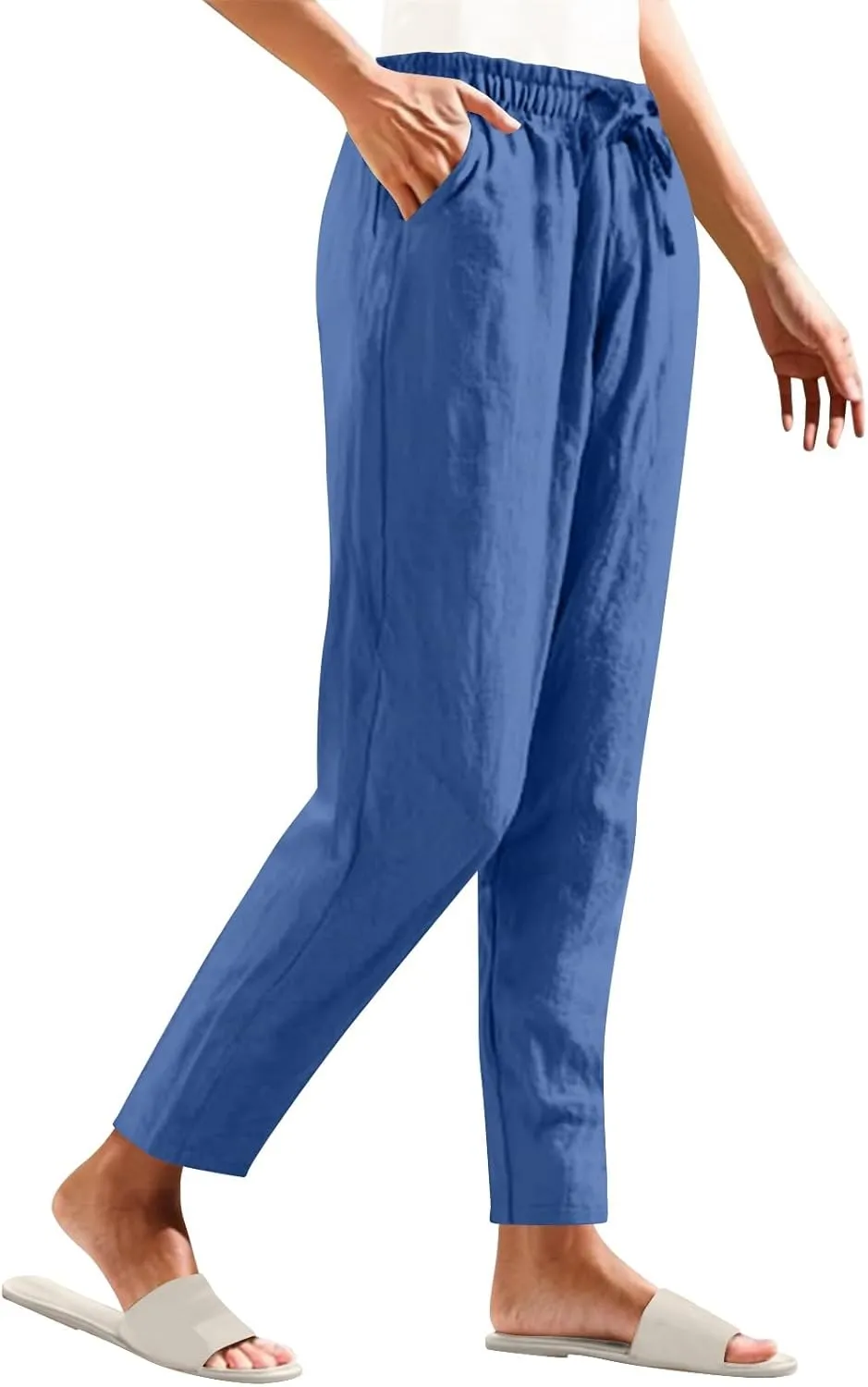 Women's Cotton Linen Straight Leg Pants Elastic Waist Drawstring Casual Trousers Pockets Summer Beach Lounge Pant