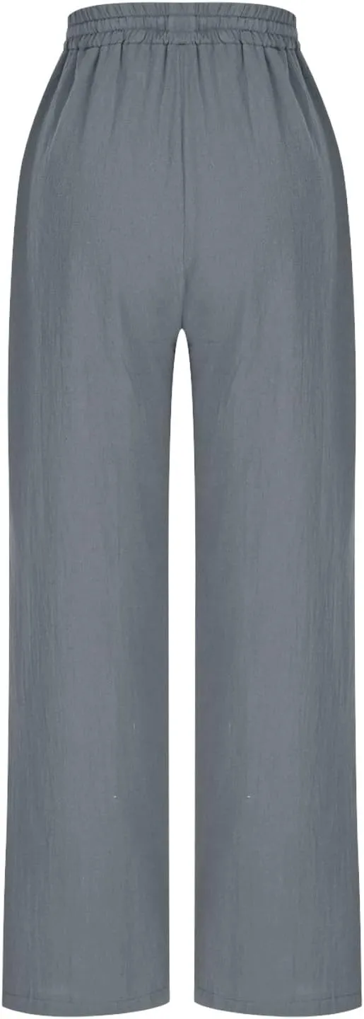 Women's Cotton Linen Straight Leg Pants Elastic Waist Drawstring Casual Trousers Pockets Summer Beach Lounge Pant
