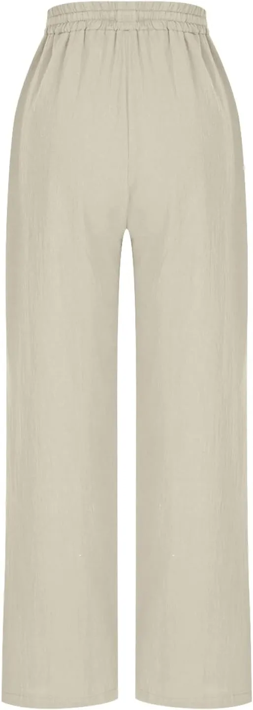 Women's Cotton Linen Straight Leg Pants Elastic Waist Drawstring Casual Trousers Pockets Summer Beach Lounge Pant