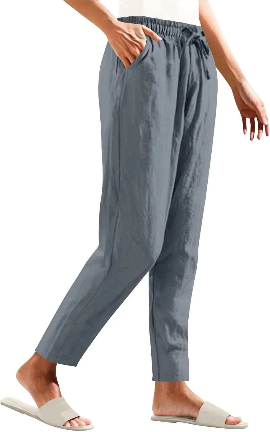 Women's Cotton Linen Straight Leg Pants Elastic Waist Drawstring Casual Trousers Pockets Summer Beach Lounge Pant