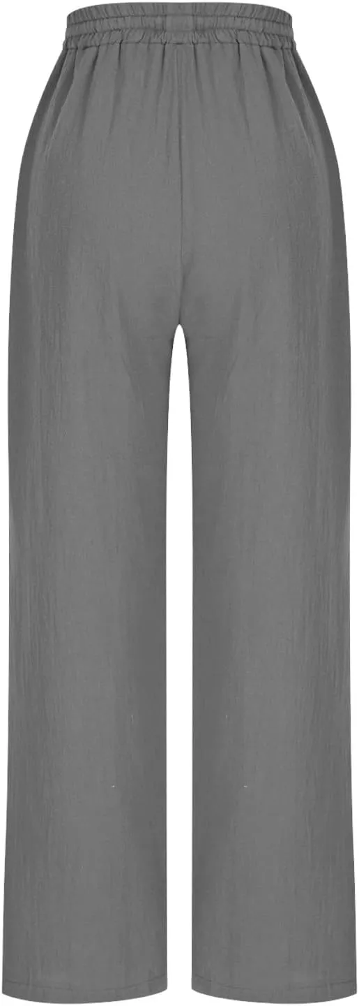 Women's Cotton Linen Straight Leg Pants Elastic Waist Drawstring Casual Trousers Pockets Summer Beach Lounge Pant