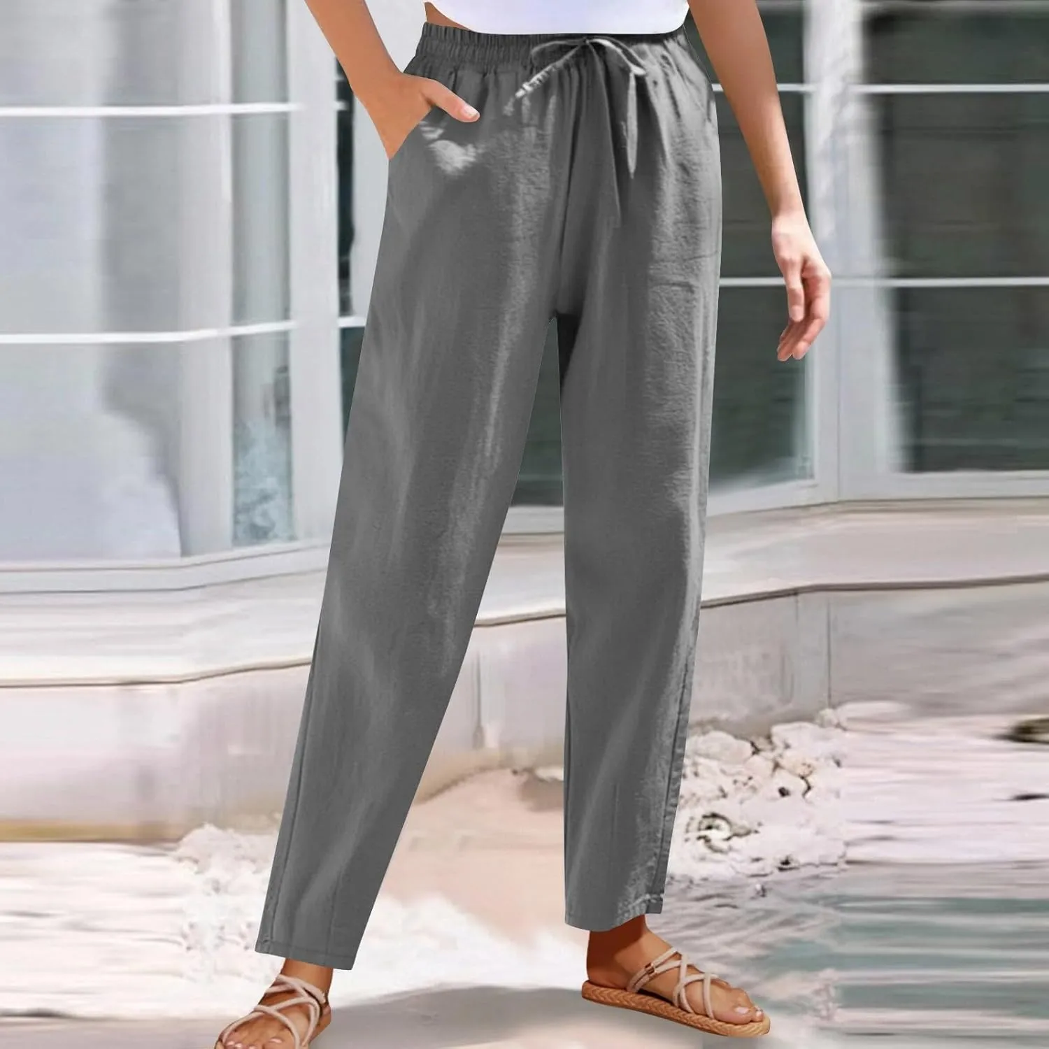 Women's Cotton Linen Straight Leg Pants Elastic Waist Drawstring Casual Trousers Pockets Summer Beach Lounge Pant