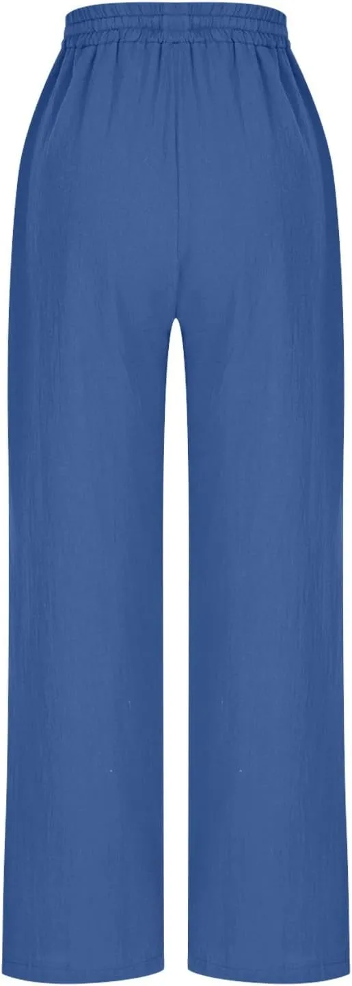 Women's Cotton Linen Straight Leg Pants Elastic Waist Drawstring Casual Trousers Pockets Summer Beach Lounge Pant