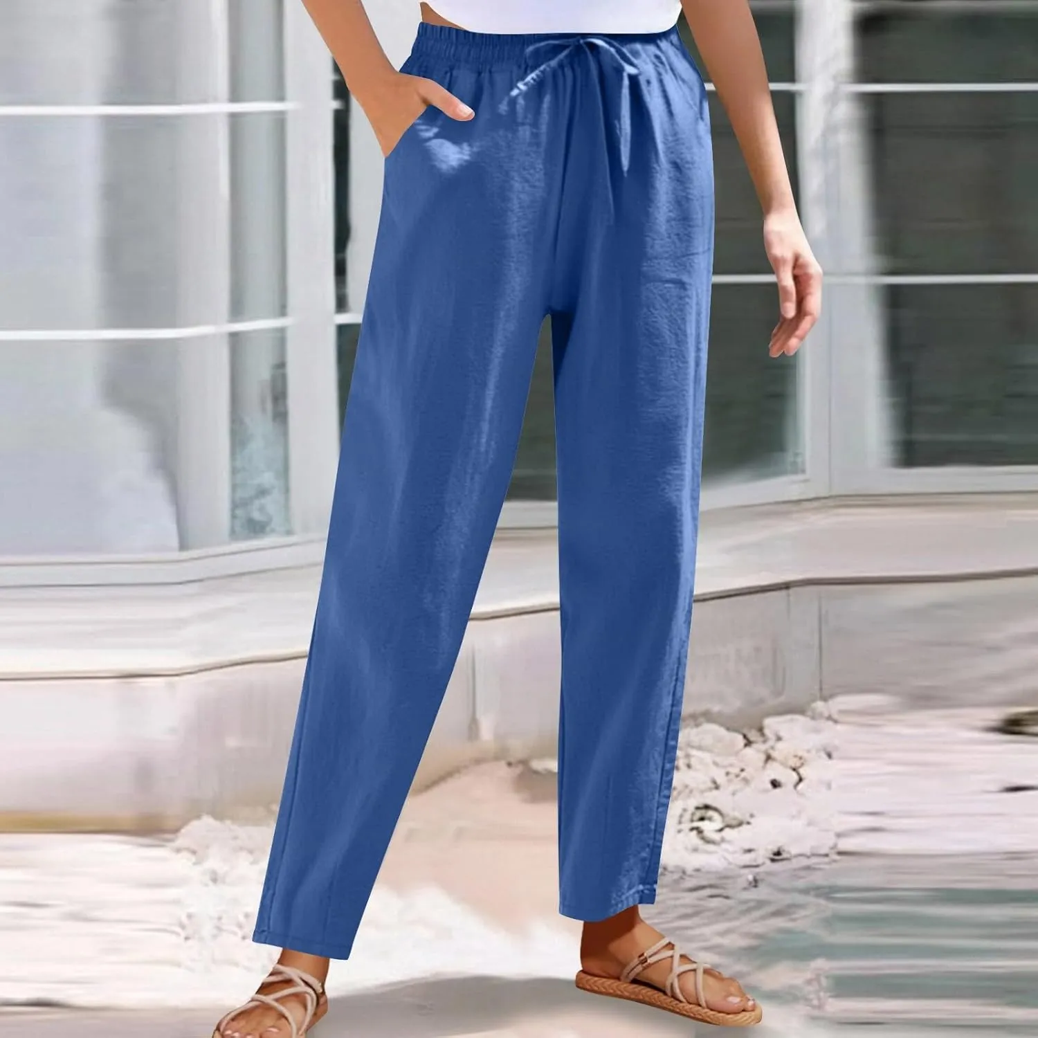 Women's Cotton Linen Straight Leg Pants Elastic Waist Drawstring Casual Trousers Pockets Summer Beach Lounge Pant