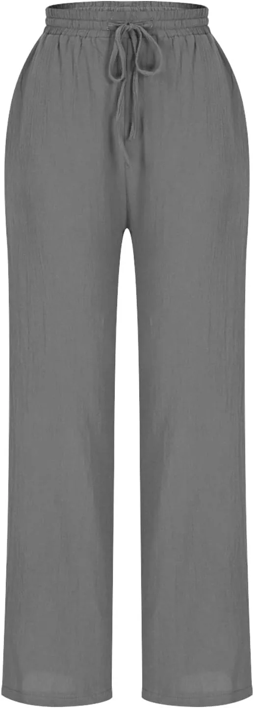 Women's Cotton Linen Straight Leg Pants Elastic Waist Drawstring Casual Trousers Pockets Summer Beach Lounge Pant