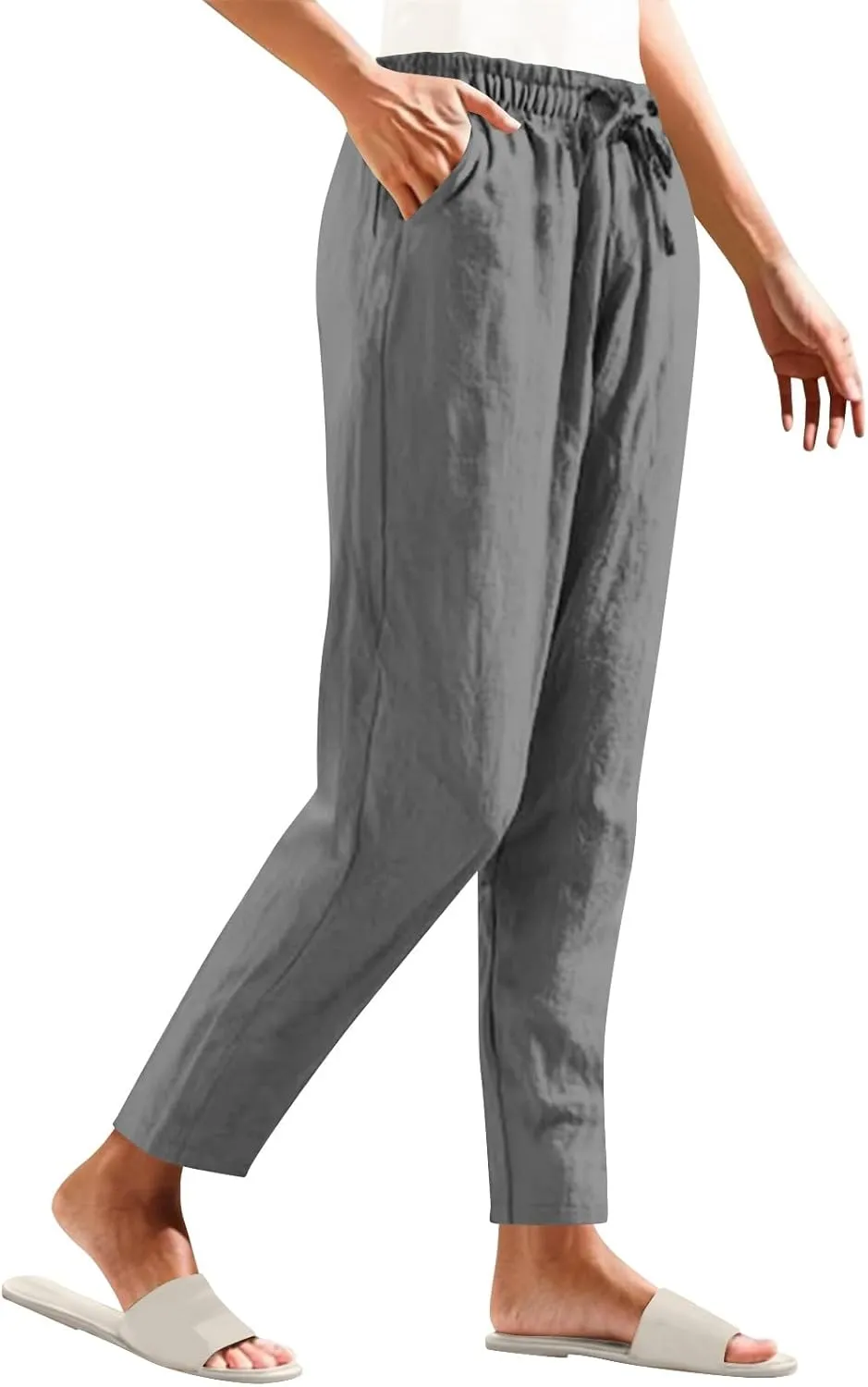 Women's Cotton Linen Straight Leg Pants Elastic Waist Drawstring Casual Trousers Pockets Summer Beach Lounge Pant